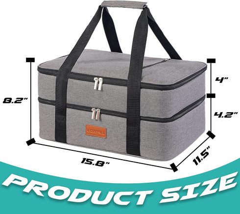 Insulated Lunch Bag, Double Decker Casserole Carrier for Hot or Cold Food, Fits 9"x13" Baking Pan, Gray