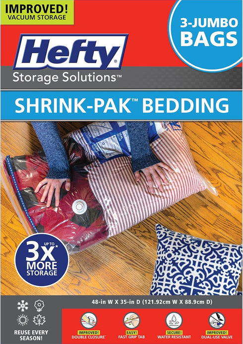Hefty Shrink-Pak Vacuum Storage Bags, Space Saver for Under Bed, Clothing and Comforter Storage, 3 Jumbo Bags