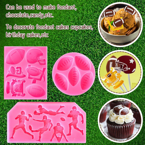 Whaline 3Pcs Football Fondant Mold, Sports Theme Silicone Mold for Cupcake Sugar Craft and Baking