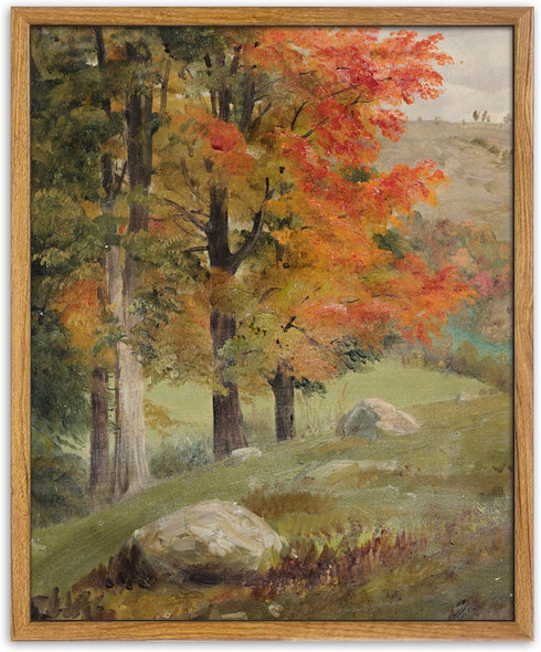 UPWOIGH Framed Wall Art, Autumn Tree Oil Painting Canvas Poster, Vintage Fall Landscape Rustic Print for Living Room
