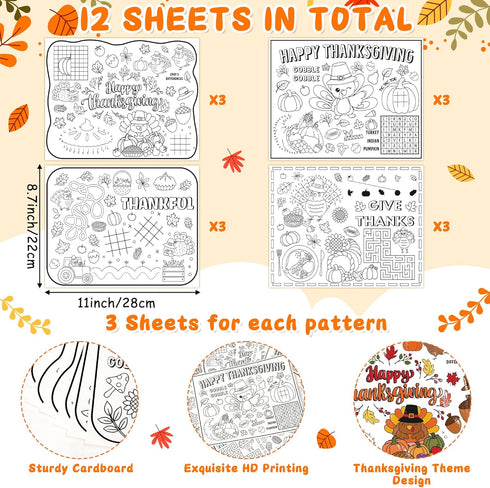 12Pcs R HORSE Thanksgiving Coloring Placemats - Disposable Paper Game Coloring Table Mats, Fall Turkey Place Mats
