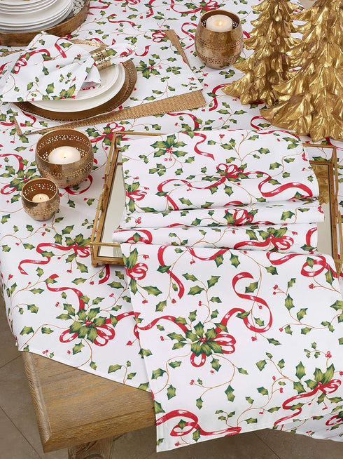 SARO LIFESTYLE Holiday Collection Table Runner, Holly and Ribbon Design, 16" x 72", Multi (3175.M1672B)
