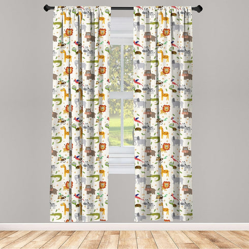 Ambesonne Cartoon Animal Window Curtains, 2-Panel Set with Rod Pocket, Savannah Lion Crocodile Pattern, 28" x 63",