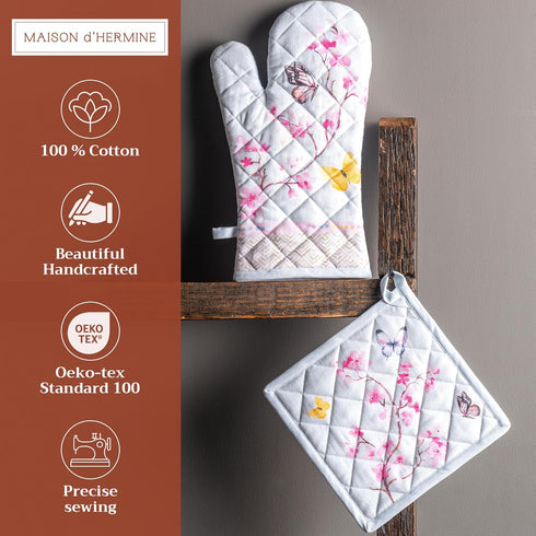 Maison d' Hermine Oven Mitt & Pot Holder Set - 100% Cotton, Heat Resistant BBQ Cooking Gloves (Blossoms In Spring)