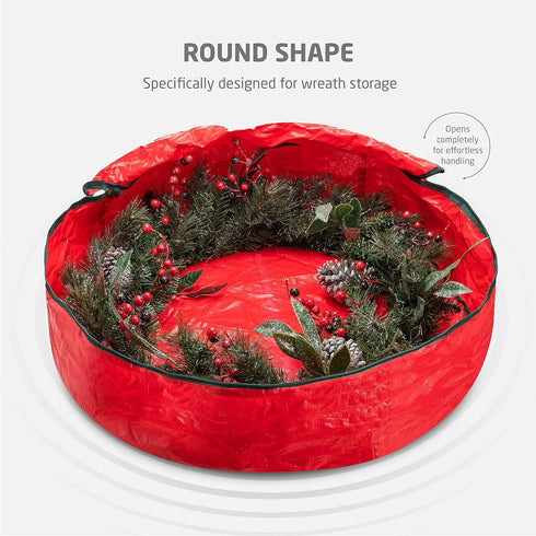 ZOBER Christmas Wreath Storage Container, 36 Inch Bag for Artificial Wreaths with Durable Handles - Red