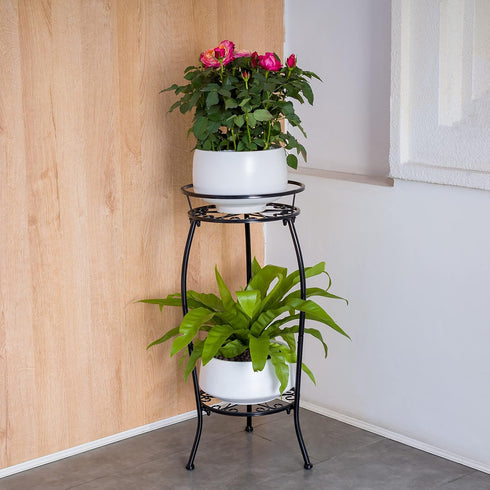 2 FaithLand Plant Stand, Metal Planter Holder Indoor Outdoor, Tier Round Potted Supports Rack, Corner Display Shelf
