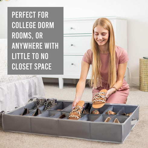 Under Bed Shoe Storage Organizer, TEAR-RESISTANT Heavy Duty 600D Material, Fits Up to 16 Pairs, Grey