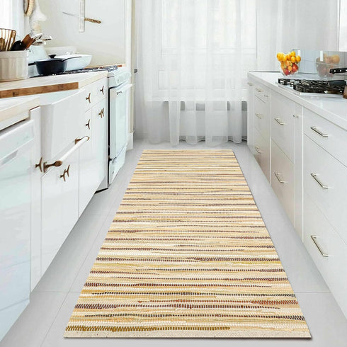THE BEER VALLEY Cotton Rag Runner Rug, 2'x6' Beige Farmhouse Neutral Long Hallway Rugs for Kitchen Living Room