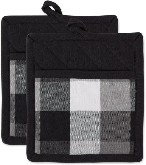 DII Tri-Color Check Collection Kitchen Potholder Set, 2 Piece Black