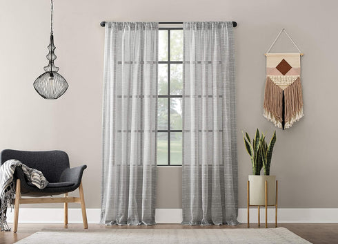 Clean Window Textured Slub Stripe Anti-Dust Allergy/Pet Friendly Sheer Curtain Panel, Gray, 52" W x 63" L