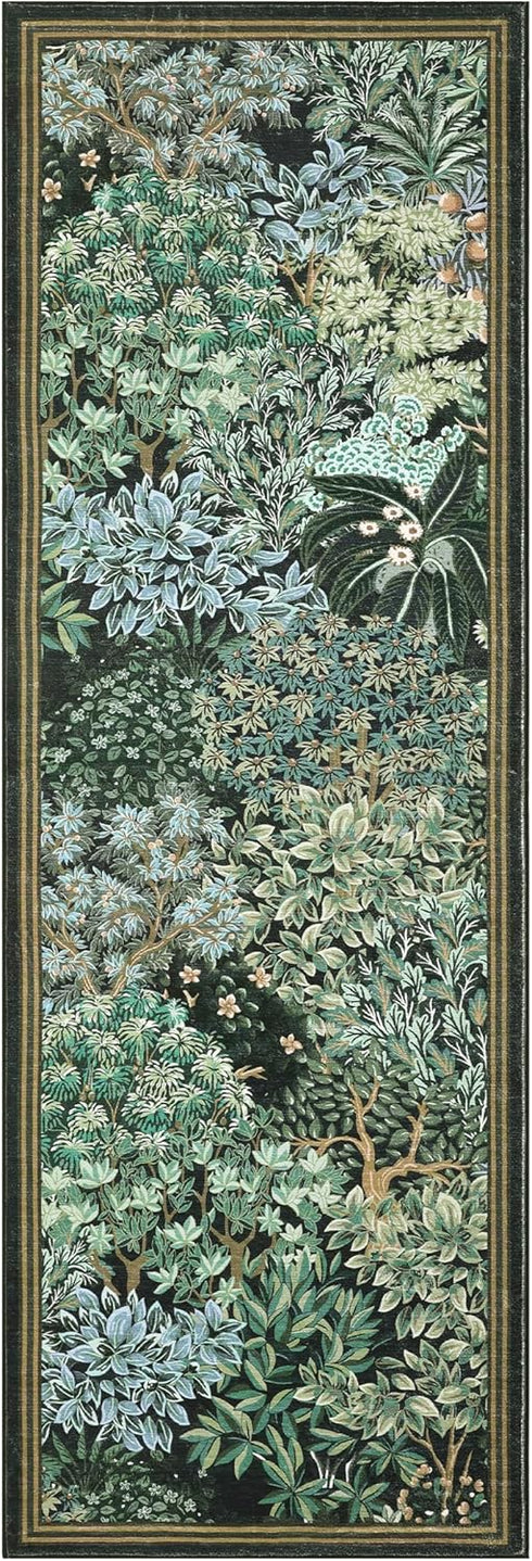 2.5x8, GarveeHome Forest Runner Rug Blue Green Washable Runner Rug for Kitchen, Botanical Low Pile Non Slip Stain