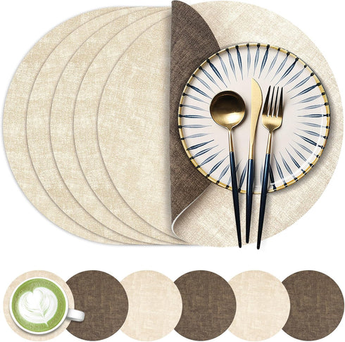13-Inch Faux Leather Round Placemats Set of 6, Waterproof Anti-Slip Dual Sided