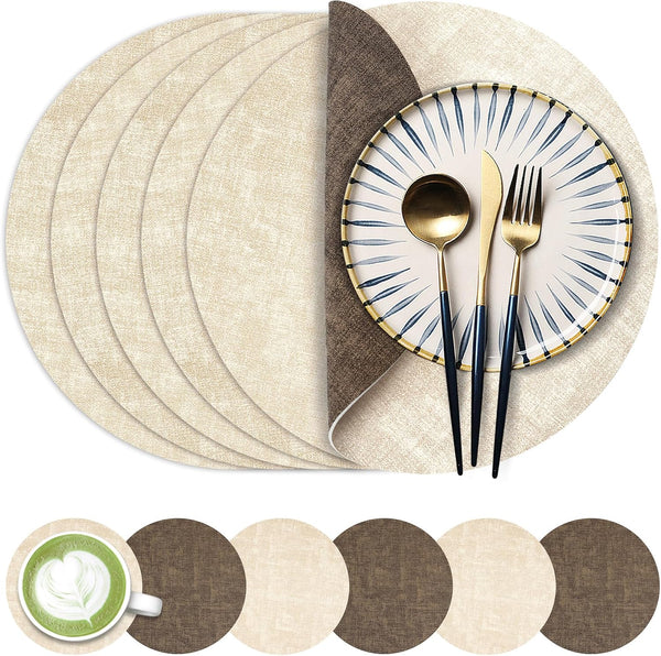 13-Inch Faux Leather Round Placemats Set of 6, Waterproof Anti-Slip Dual Sided
