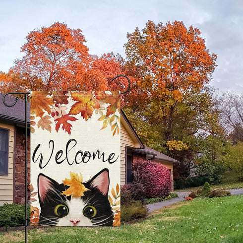 Welcome Fall Garden Flag 12 x 18 Inch Double Sided Burlap, Cute Cat Yard Flags for Thanksgiving Outdoor Decoration