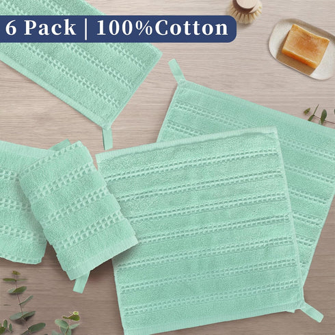 6PC (13"x13"), 100% Set VOOVA & MOVAS Waffle Mint Green Washcloth Cotton, Soft, Absorb & Lightweight, Quick Dry, Waffle