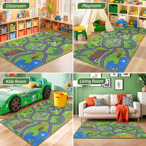 32"x60" BEQHAUSE Kids Play Mat, Green City Map Race Track Children Rugs Great for Playing with Cars, Play Area Rug Road