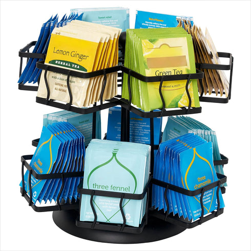 12 140 NHZ Tea Bag Organizer - Spinning Carousel Holder With Compartments, Up to Tea Bags Storage, Black Powder Coated