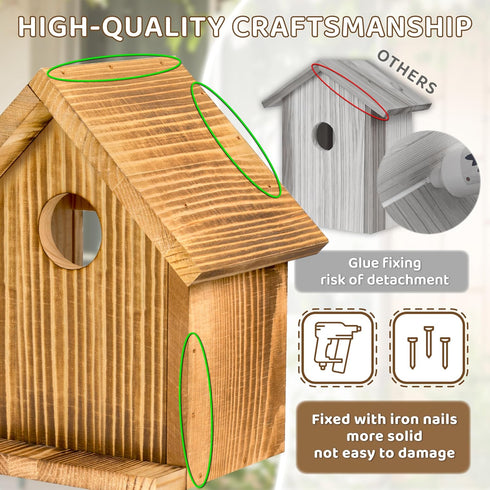 Window Bird Houses for Outside, Clear Bird House with 2 Powerful Hooks, Hanging Wooden Birdhouses for Outdoors