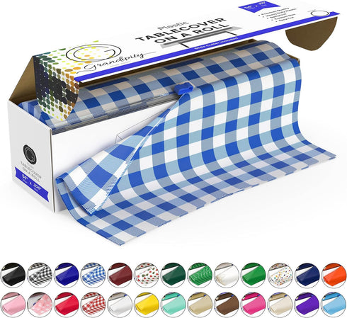 Grandipity Plastic Tablecloth Roll - 54in x 300 Ft. Blue Gingham Checkered