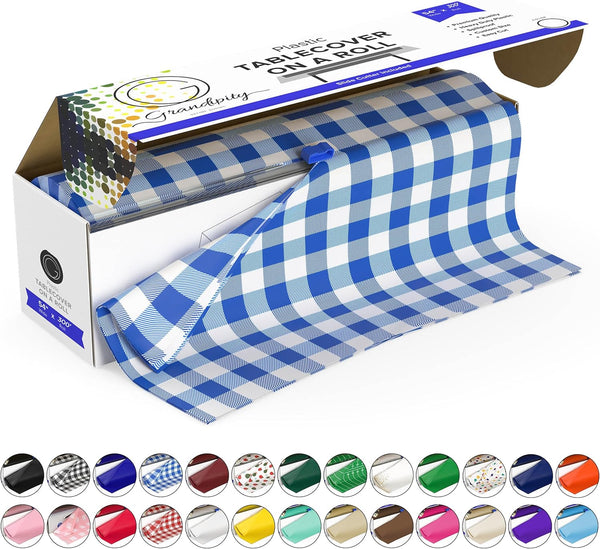 Grandipity Plastic Tablecloth Roll - 54in x 300 Ft. Blue Gingham Checkered