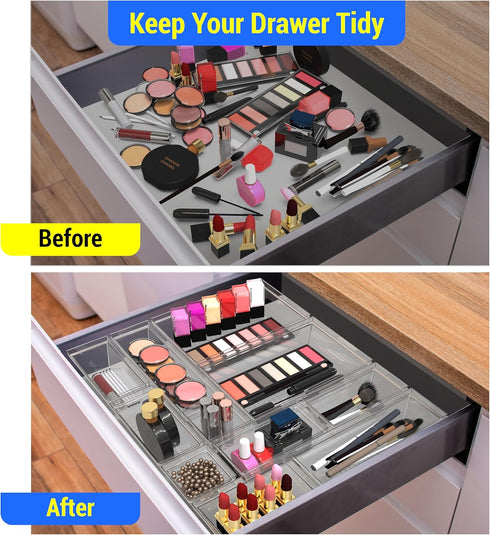 YAN & HIN Set of 60 Stackable Non-Slip Acrylic Organizers, 4 Sizes for Makeup, Kitchen Drawer, Desk Storage
