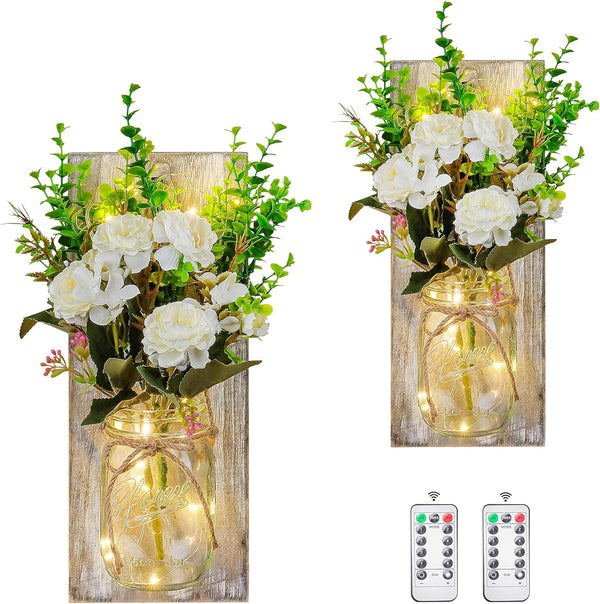 OCTMUSTARD Rustic Wall Decor Mason Jar Sconces Decor with Remote Control Led Lights