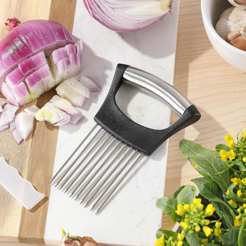 Mumulo Stainless Steel Onion Slicer for Onions, Tomatoes, Eggs, and Vegetables with Protective Cover (Black)