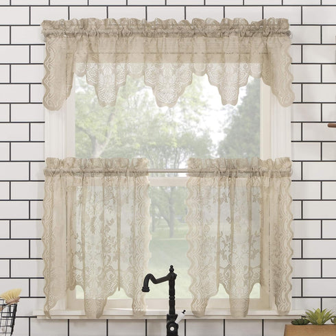 No. 918 Alison-Tr Floral Lace Sheer Rod Pocket Kitchen Curtain Valance, 58" x 14", Stone