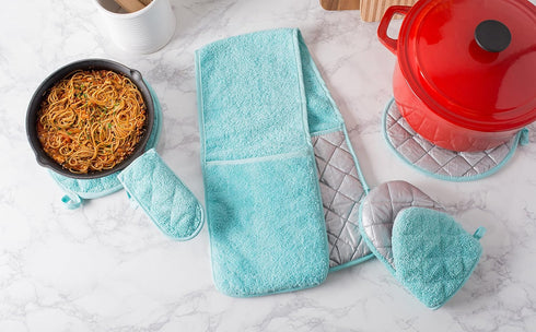 DII Basic Terry Collection Quilted 100% Cotton Pan Handle, Aqua, 3 Piece