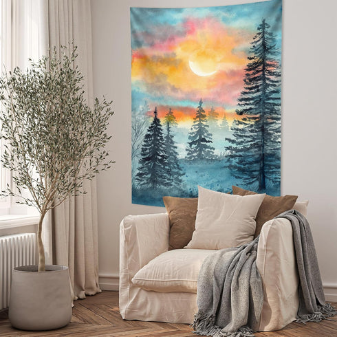 Mountain Yellow Sunset Forest Tapestry, Blue Watercolor Fir Tree Landscape Wall Hanging Nature Scenery Long Tapestry Aesthetic Vertical for Bedroom Living Room Backdrop Wall Art Decoration 40×60 inch