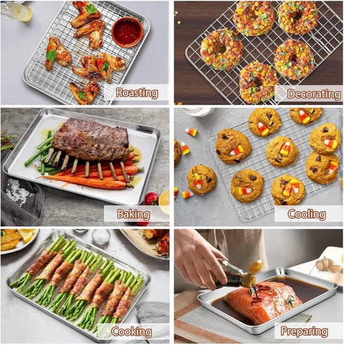 P&P CHEF 4 PCS Toaster Oven Pans Trays with Racks Set, Stainless Steel Small Baking Pan and Cooling Rack