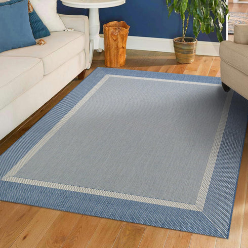 2' 3'7" Set, Couristan Recife Indoor Outdoor Rug - Stria Texture x Rectangle in Blue, Hose Washable, Low Pile, Pet- Kid