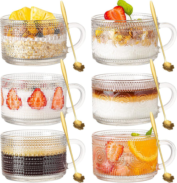 wookgreat Vintage Glass Coffee Mugs Set of 6, 14 oz Tea Cups With