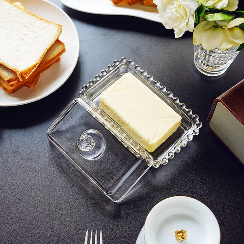 6.5'' 2-Piece Countertop,Dishwasher Clear Glass Butter Dish with Handled Lid,Classic Design Butter Keeper For Safe