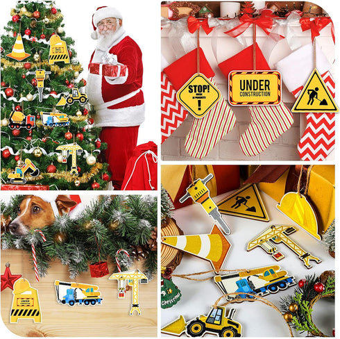 24 Pieces Christmas Ornaments, Construction Wood Ornaments with Rope, Trucks Hanging Wood Signs, Truck Digger Cutouts
