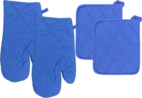 Set of 4 Dark Blue Pot Holders 9" x 7" and Oven Mitts 12" (Dark Blue)