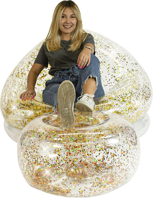 Air Candy Inflatable Ottoman BloChair Filled with Gold Glitter Perfect Inflatable Furniture for Kids and Adults. Can be
