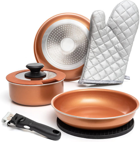 Moss & Stone Copper Pots and Pans Set - Nonstick, Removable Handle Cookware, 7 Pcs Aluminum Camping Set