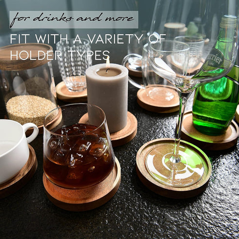 4.13 Inch, Set 6, S1EGAN Acacia Wood Coasters for Drinks, of Absorbent and Insulation Cork Stackable Cup Holders
