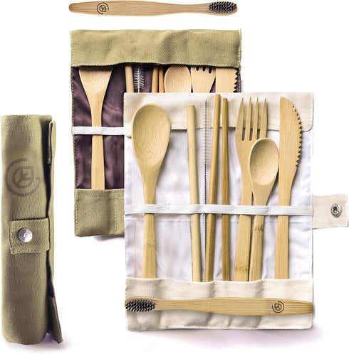 Greenzla 2-Pack Bamboo Utensils Set, Natural Bamboo Cutlery with Bonus 2 Bamboo Toothbrushes and Storage Bags