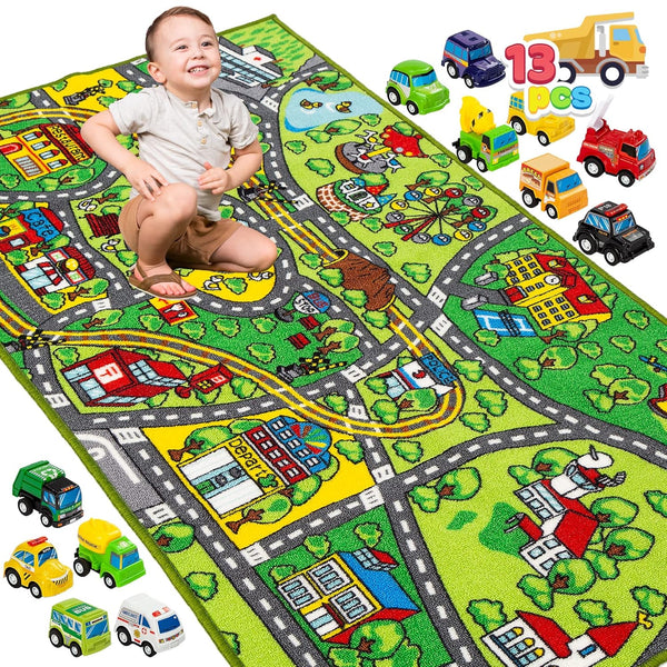 JOYIN Carpet Playmat w/ 12 Cars Pull-Back Vehicle Set for Kids Age