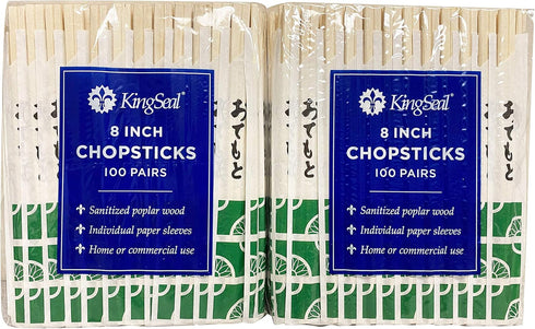 200 Count | KingSeal 8 Inch Natural Poplar Disposable Wood Chopsticks - Bulk Pack, 2 Packs x 100 Pairs