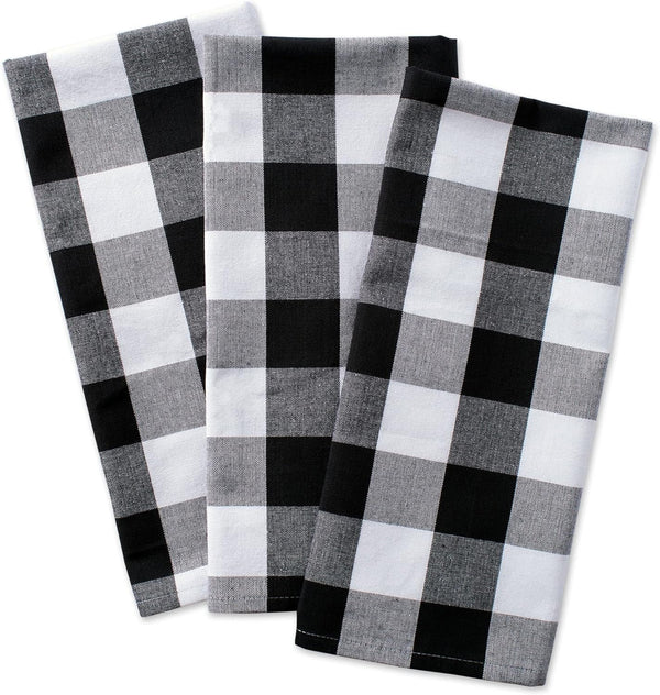 DII Buffalo Check Kitchen Collection, Classic Farmhouse Dishtowel Set, 3 Piece, Black & White, 20x30