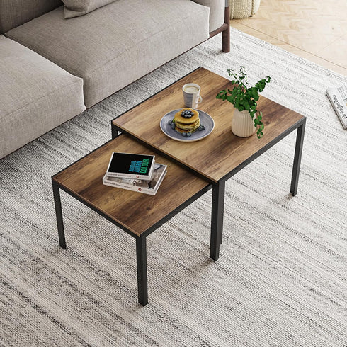 Set 2, Smuxee Nesting Coffee Table of Square Modern Stacking Table with Wood Finish, Industrial End Table Side Tables