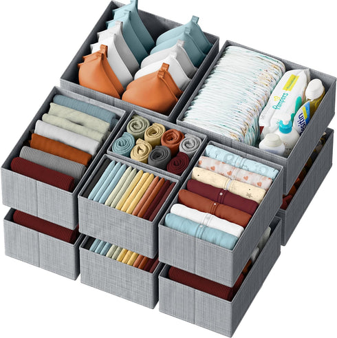 Drawer Organizer Clothes Set of 12 Grey - Dresser Organizer for Nursery, Bedroom, Closet