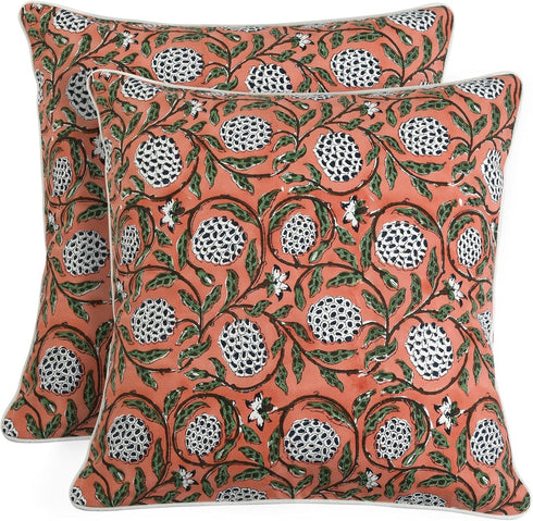 Ridhi Dark Salmon Pink Block Print Cotton Canvas Throw Pillow Covers for Decorative Couch Pillows, 18x18 Inches