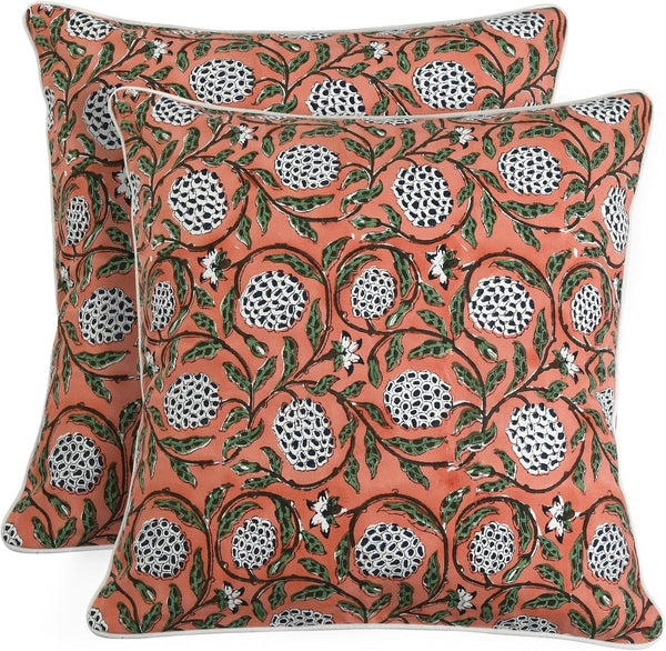Ridhi Dark Salmon Pink Block Print Cotton Canvas Throw Pillow Covers for Decorative Couch Pillows, 18x18 Inches