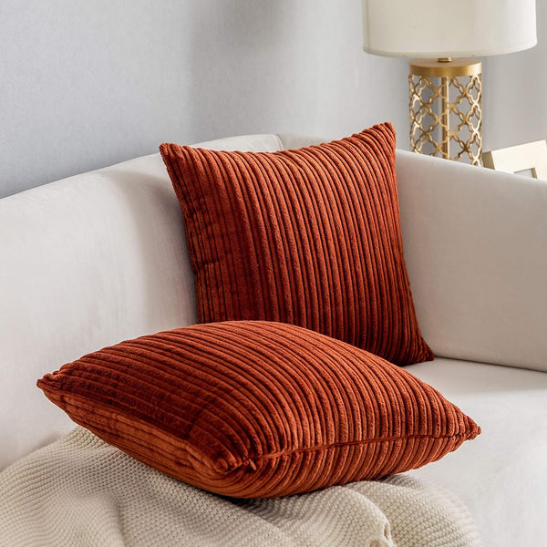 Kevin Textile Set of 2 Fall Pillow Covers, Solid Supersoft Corduroy, Burnt Brick, 18x18 Inch