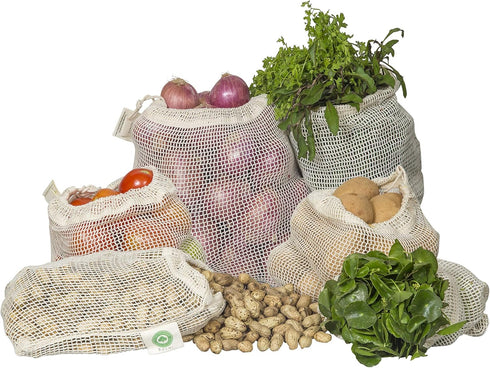 Reusable Organic Cotton Mesh Produce Bags - 100% Cotton, Durable, Washable with Tare Weight & Drawstring, 6 Sizes (2L,
