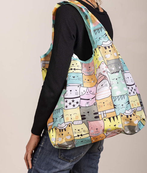 O-WITZ Reusable Grocery Bags, Vibrant Tote Bag for Groceries, Washable Design, 3 Pack, Cats